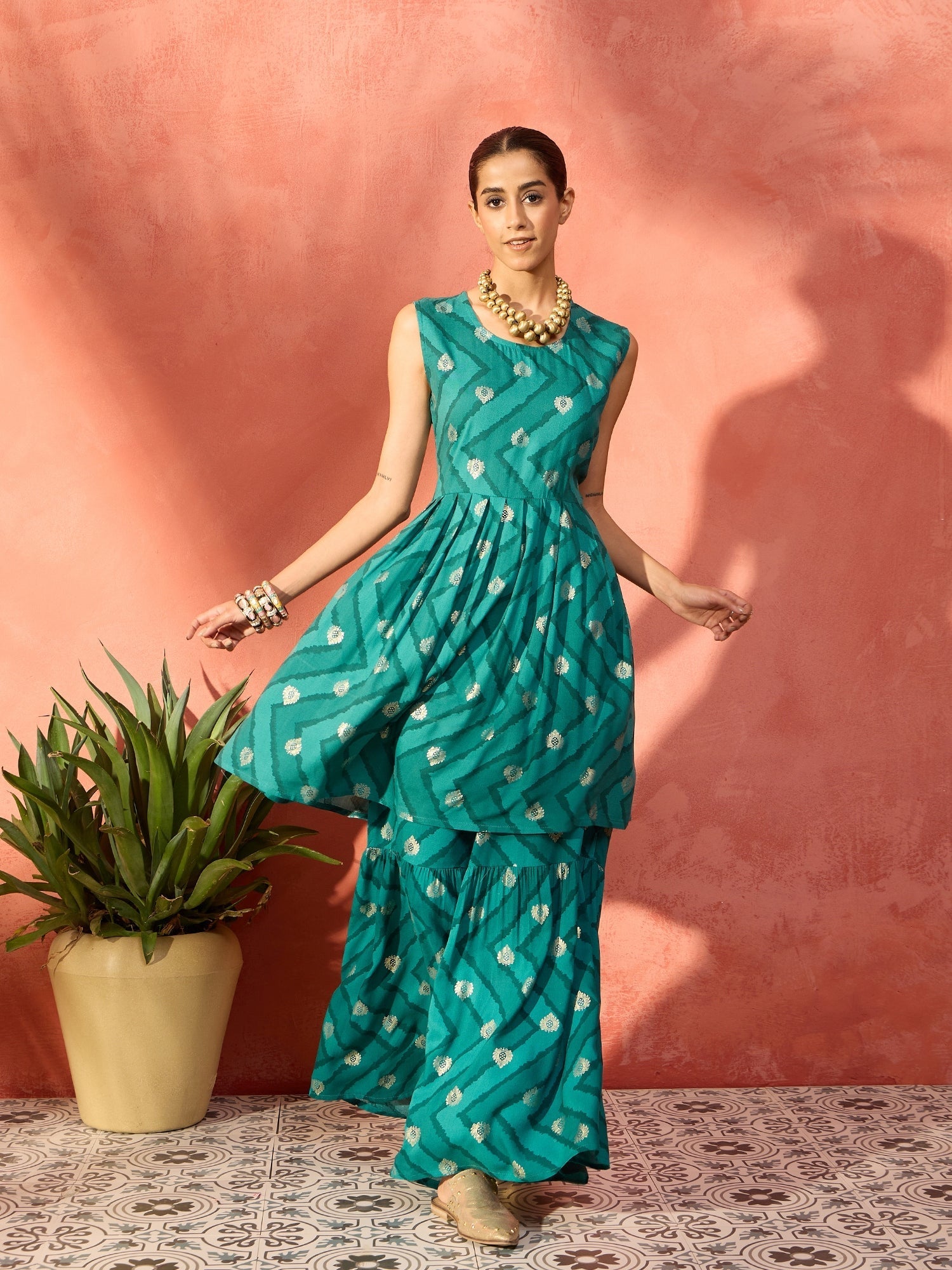 InWeave Dark Teal Foil Boota Round Neck W/S Sharara Set - Swadesiicart