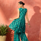 InWeave Dark Teal Foil Boota Round Neck W/S Sharara Set - Swadesiicart