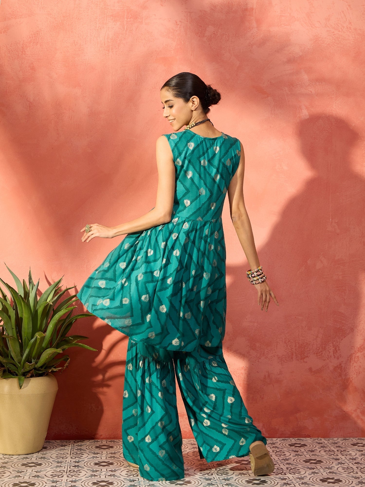 InWeave Dark Teal Foil Boota Round Neck W/S Sharara Set - Swadesiicart