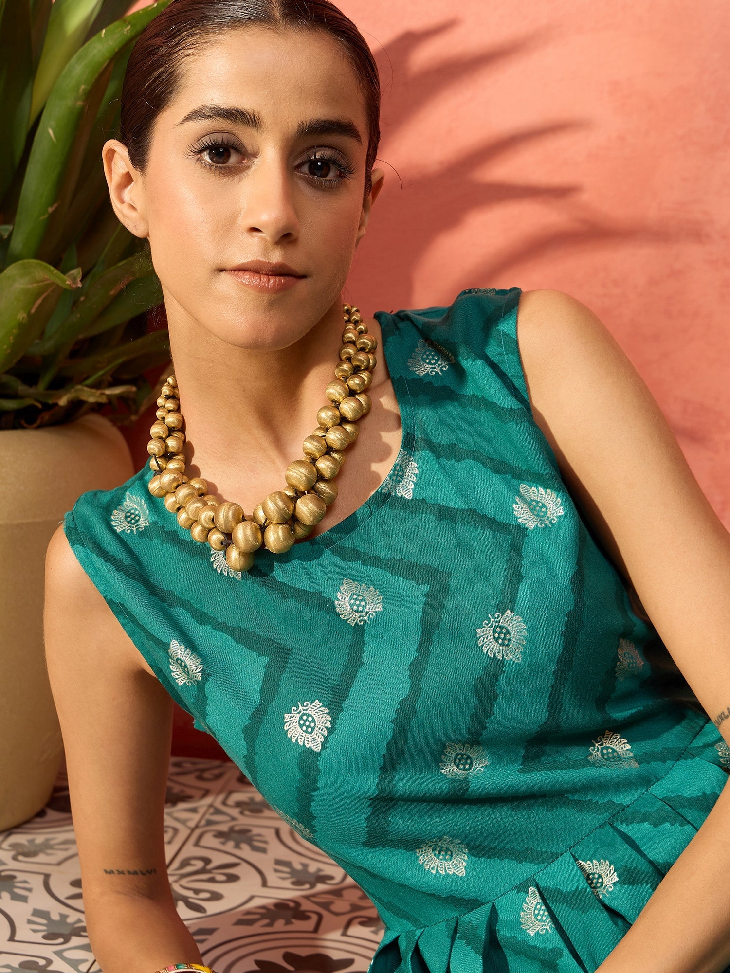 InWeave Dark Teal Foil Boota Round Neck W/S Sharara Set - Swadesiicart