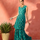 InWeave Dark Teal Foil Boota Round Neck W/S Sharara Set - Swadesiicart