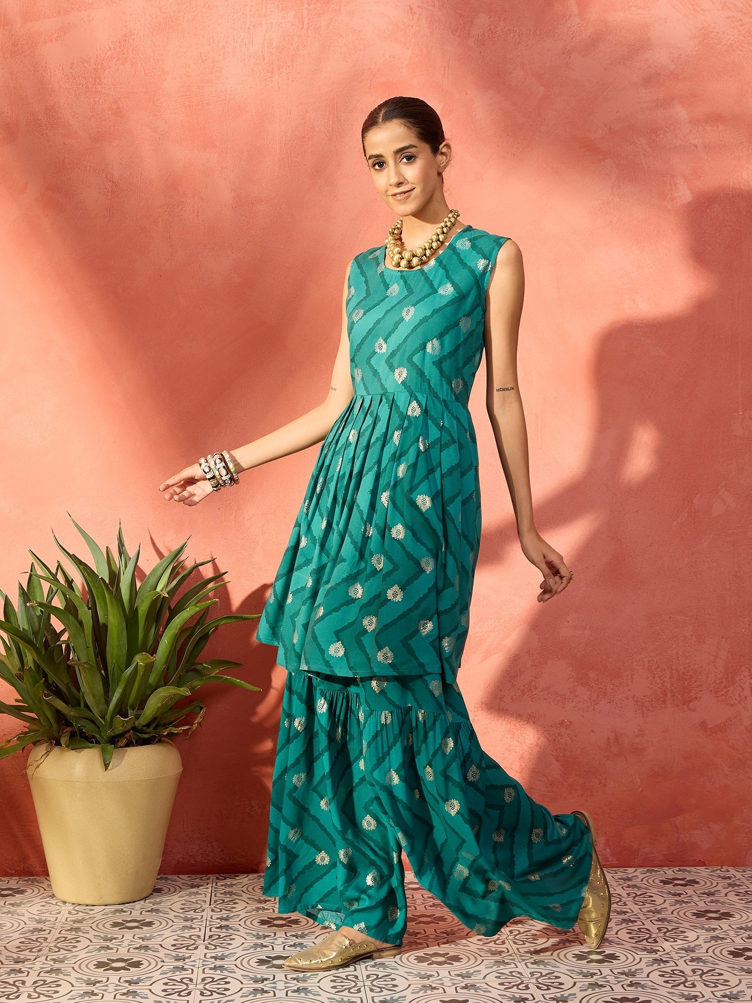 InWeave Dark Teal Foil Boota Round Neck W/S Sharara Set - Swadesiicart