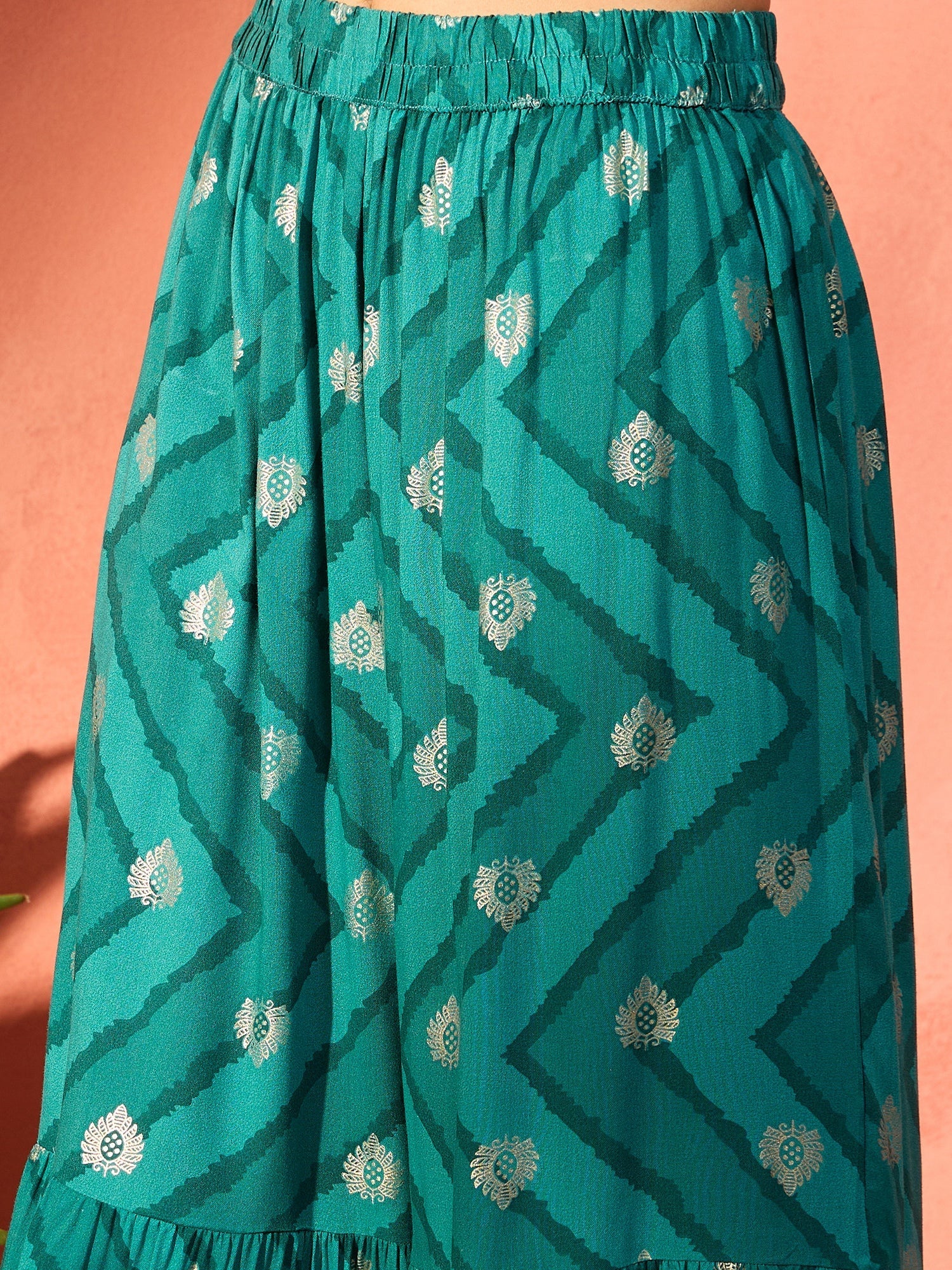 InWeave Dark Teal Foil Boota Round Neck W/S Sharara Set - Swadesiicart