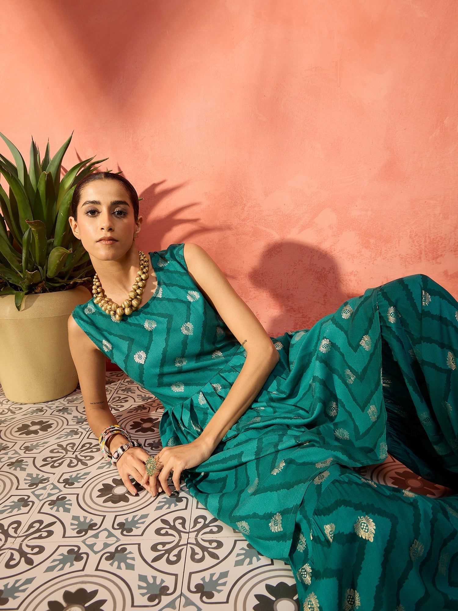 InWeave Dark Teal Foil Boota Round Neck W/S Sharara Set - Swadesiicart
