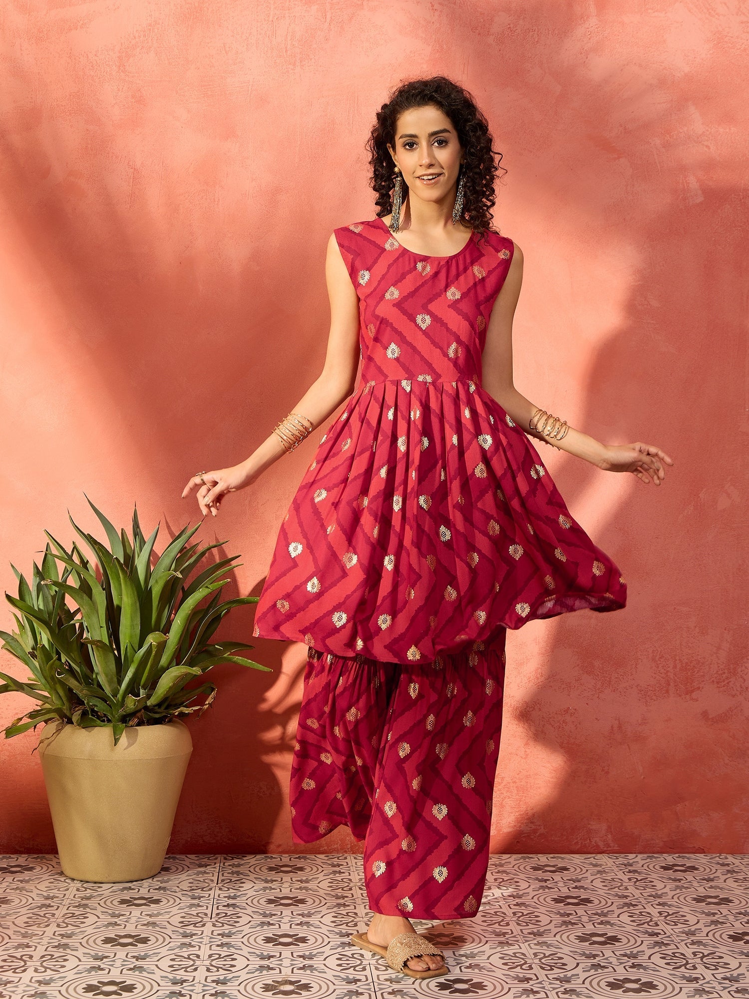 InWeave Maroon Burgundy Foil Boota Round Neck W/S Sharara Set - Swadesiicart