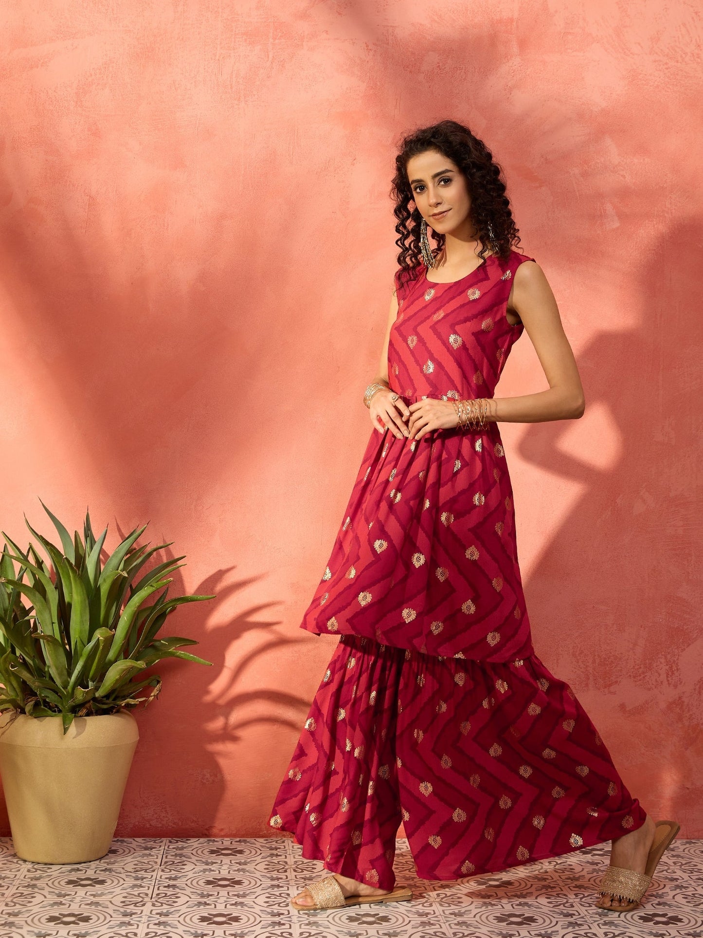InWeave Maroon Burgundy Foil Boota Round Neck W/S Sharara Set - Swadesiicart
