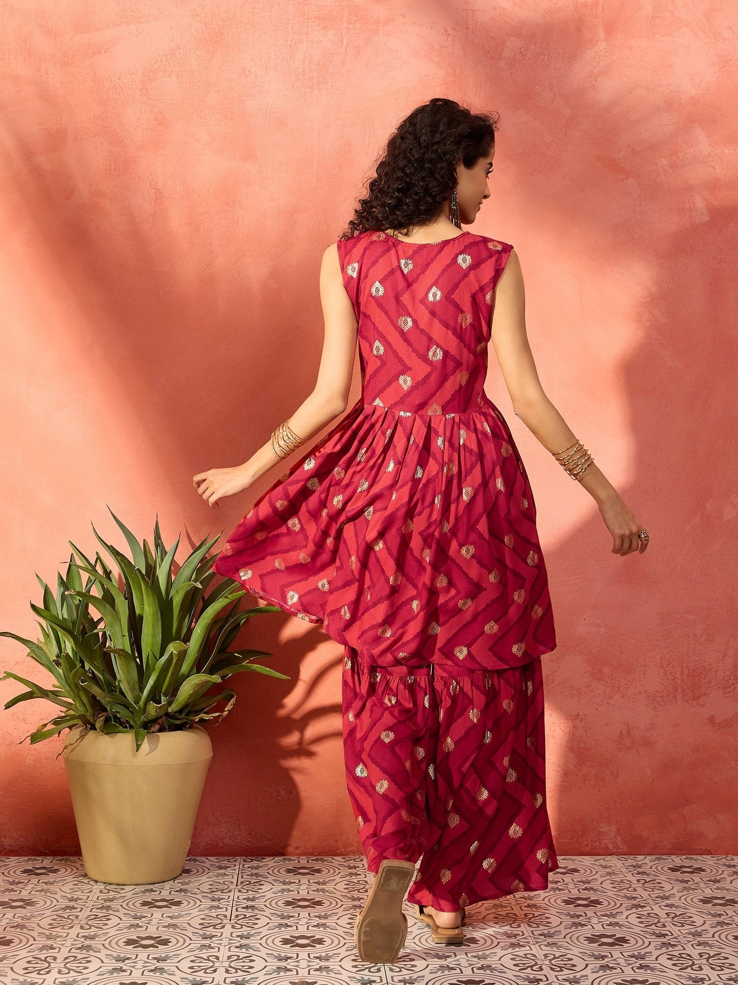 InWeave Maroon Burgundy Foil Boota Round Neck W/S Sharara Set - Swadesiicart
