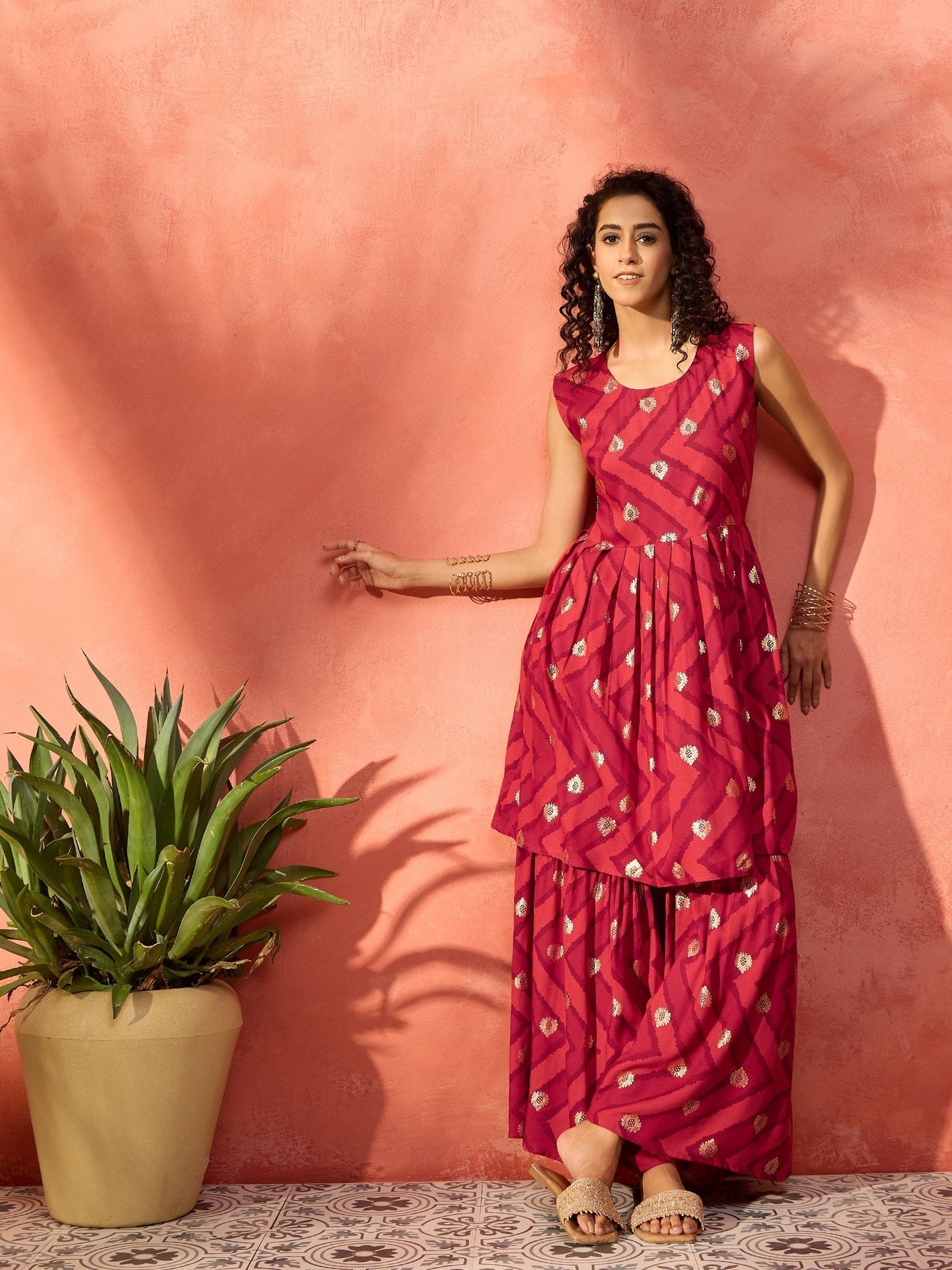 InWeave Maroon Burgundy Foil Boota Round Neck W/S Sharara Set - Swadesiicart