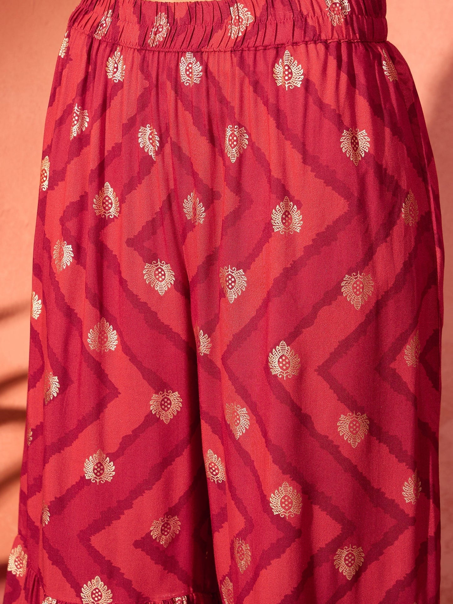 InWeave Maroon Burgundy Foil Boota Round Neck W/S Sharara Set - Swadesiicart