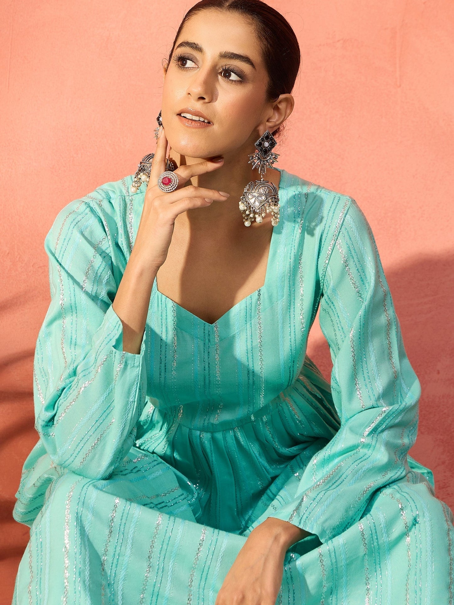 InWeave Mint Green Lurex Sweetheart Neck Short Kurta Pant Set - Swadesiicart