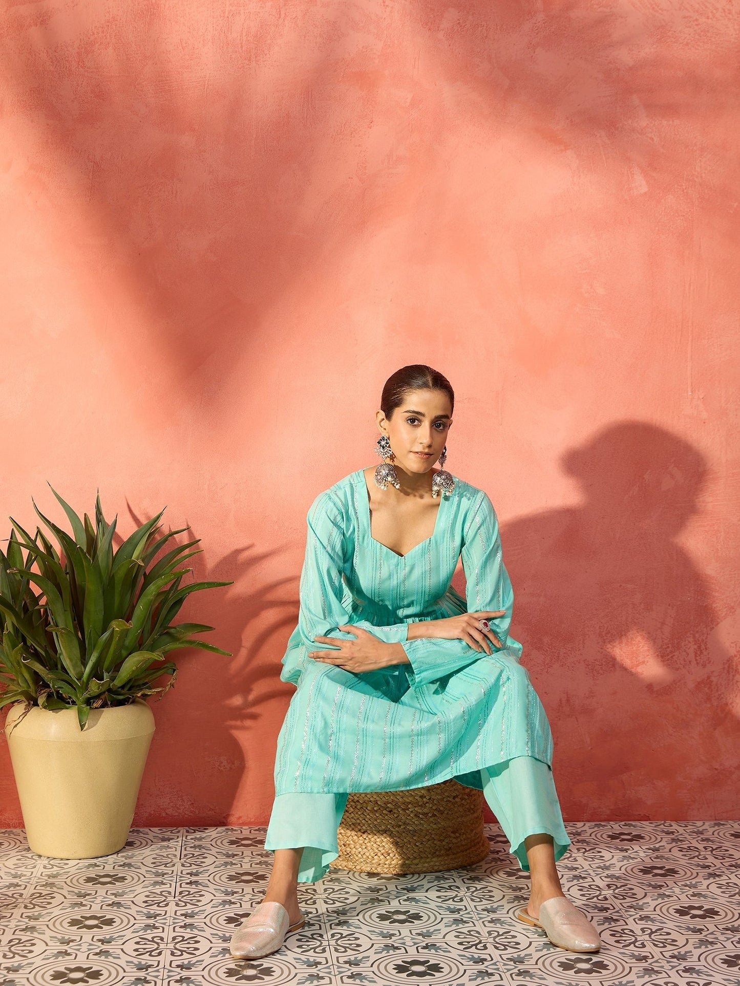 InWeave Mint Green Lurex Sweetheart Neck Short Kurta Pant Set - Swadesiicart