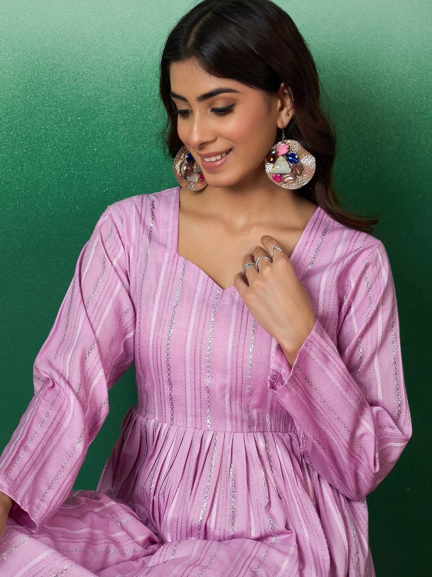 InWeave Lavender Lurex Sweetheart Neck Short Kurta Pant Set - Swadesiicart
