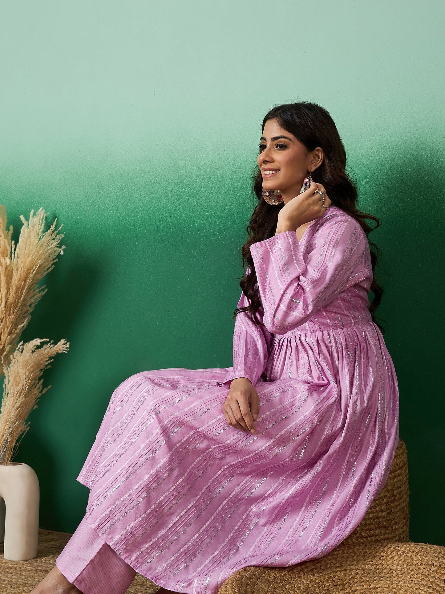 InWeave Lavender Lurex Sweetheart Neck Short Kurta Pant Set - Swadesiicart