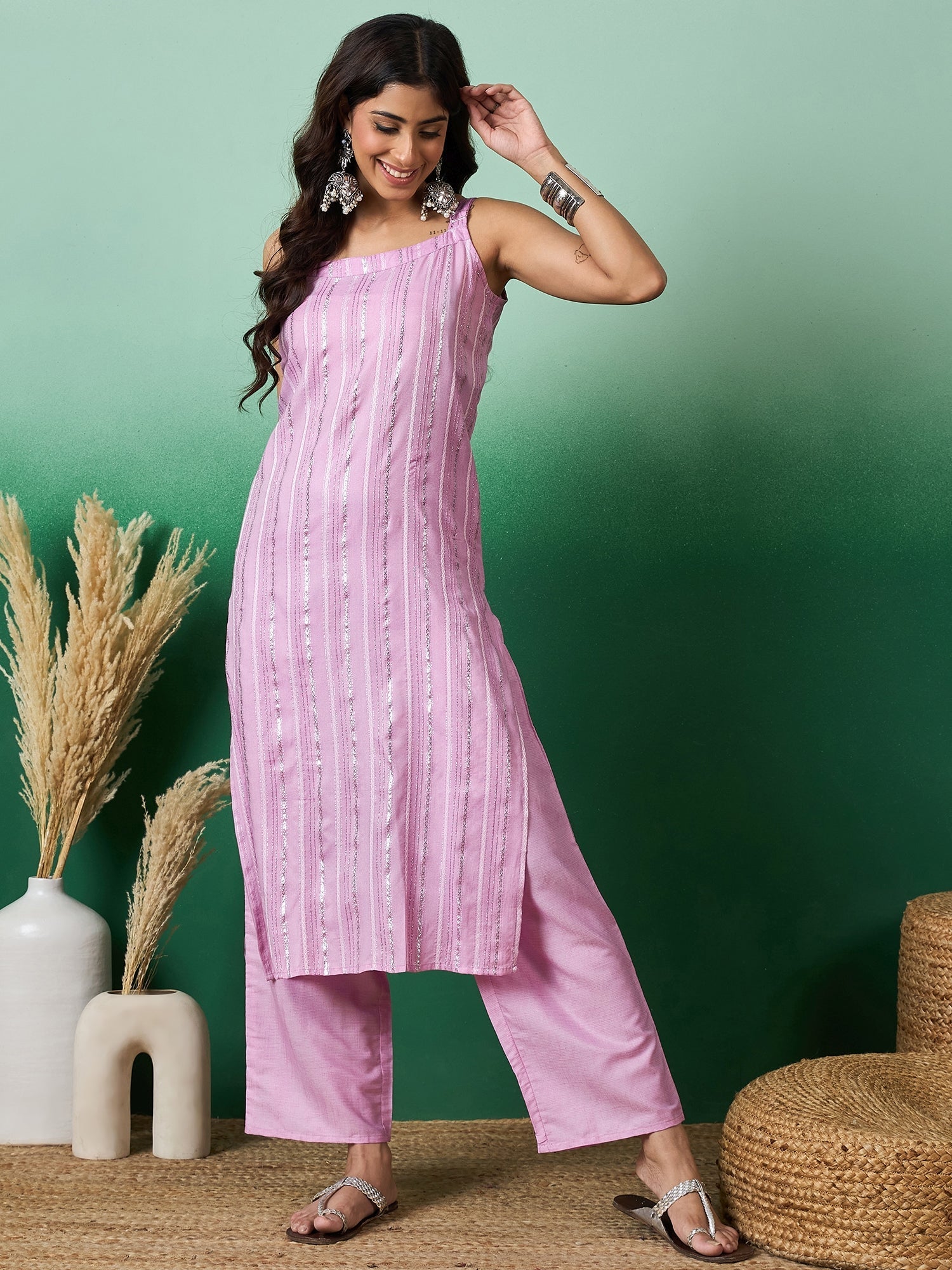 InWeave Lavender Lurex Thick Strappy Straight Kurta Pant Set - Swadesiicart