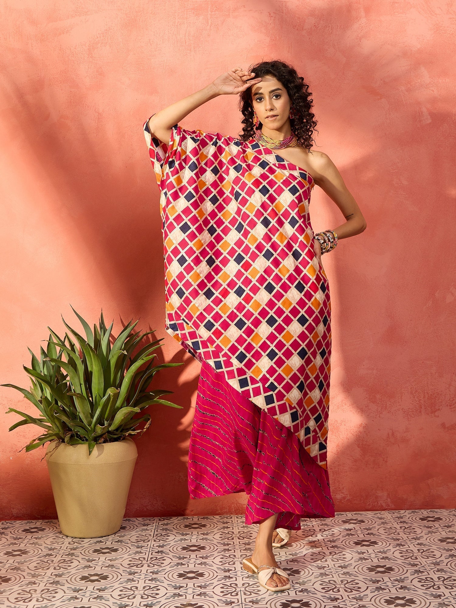 InWeave Fuchsia Multi Check Foil One Shoulder Leh Palazzo Set - Swadesiicart