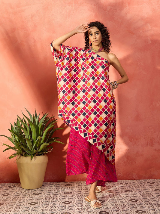 InWeave Fuchsia Multi Check Foil One Shoulder Leh Palazzo Set - Swadesiicart