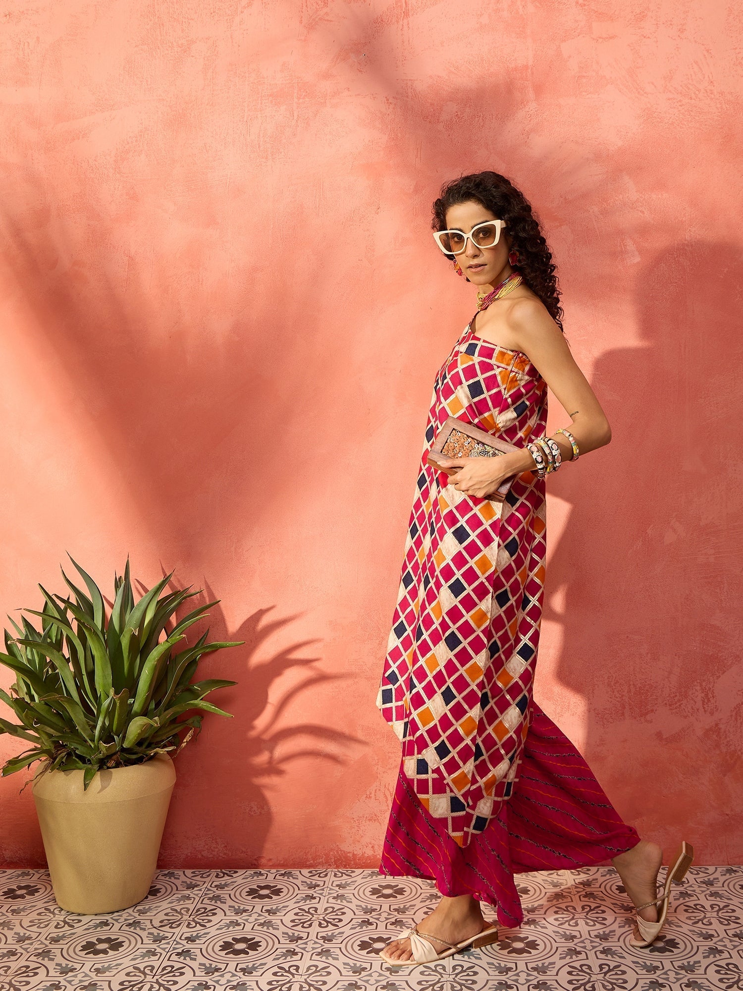 InWeave Fuchsia Multi Check Foil One Shoulder Leh Palazzo Set - Swadesiicart