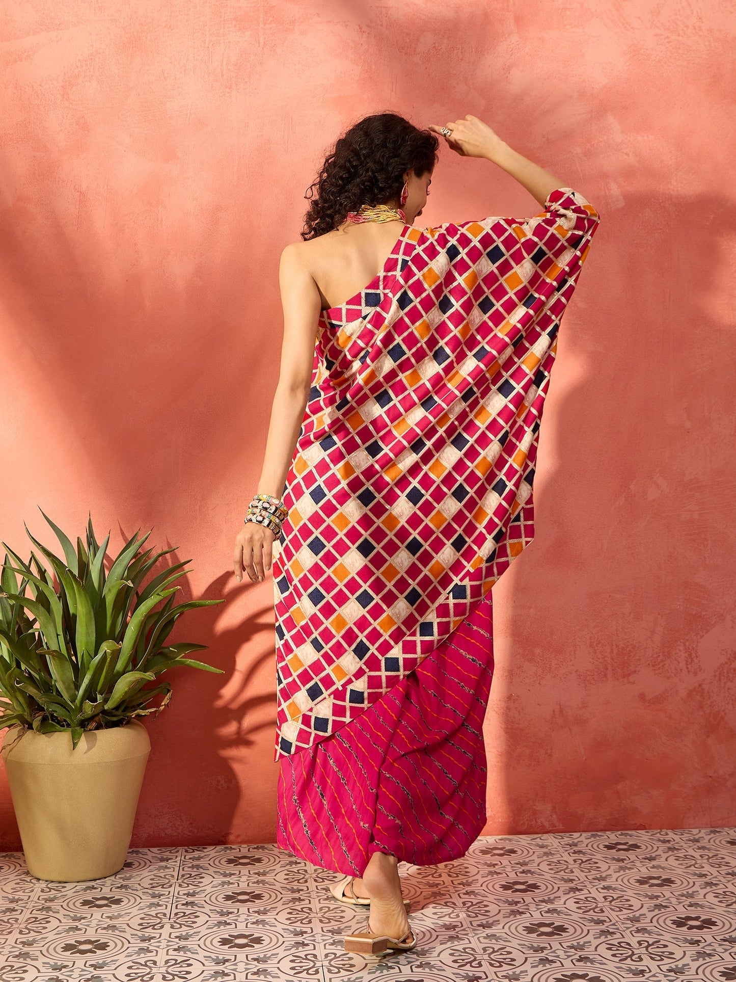 InWeave Fuchsia Multi Check Foil One Shoulder Leh Palazzo Set - Swadesiicart