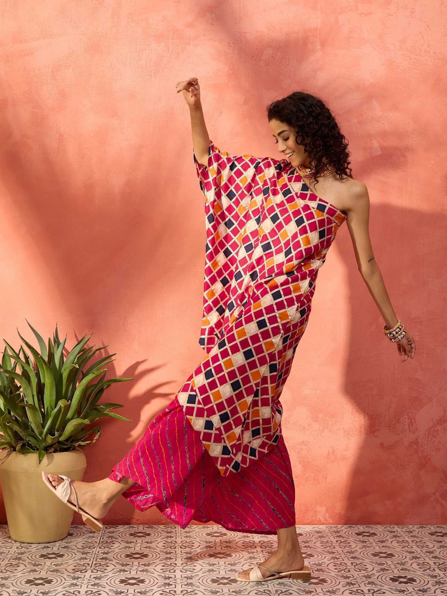InWeave Fuchsia Multi Check Foil One Shoulder Leh Palazzo Set - Swadesiicart