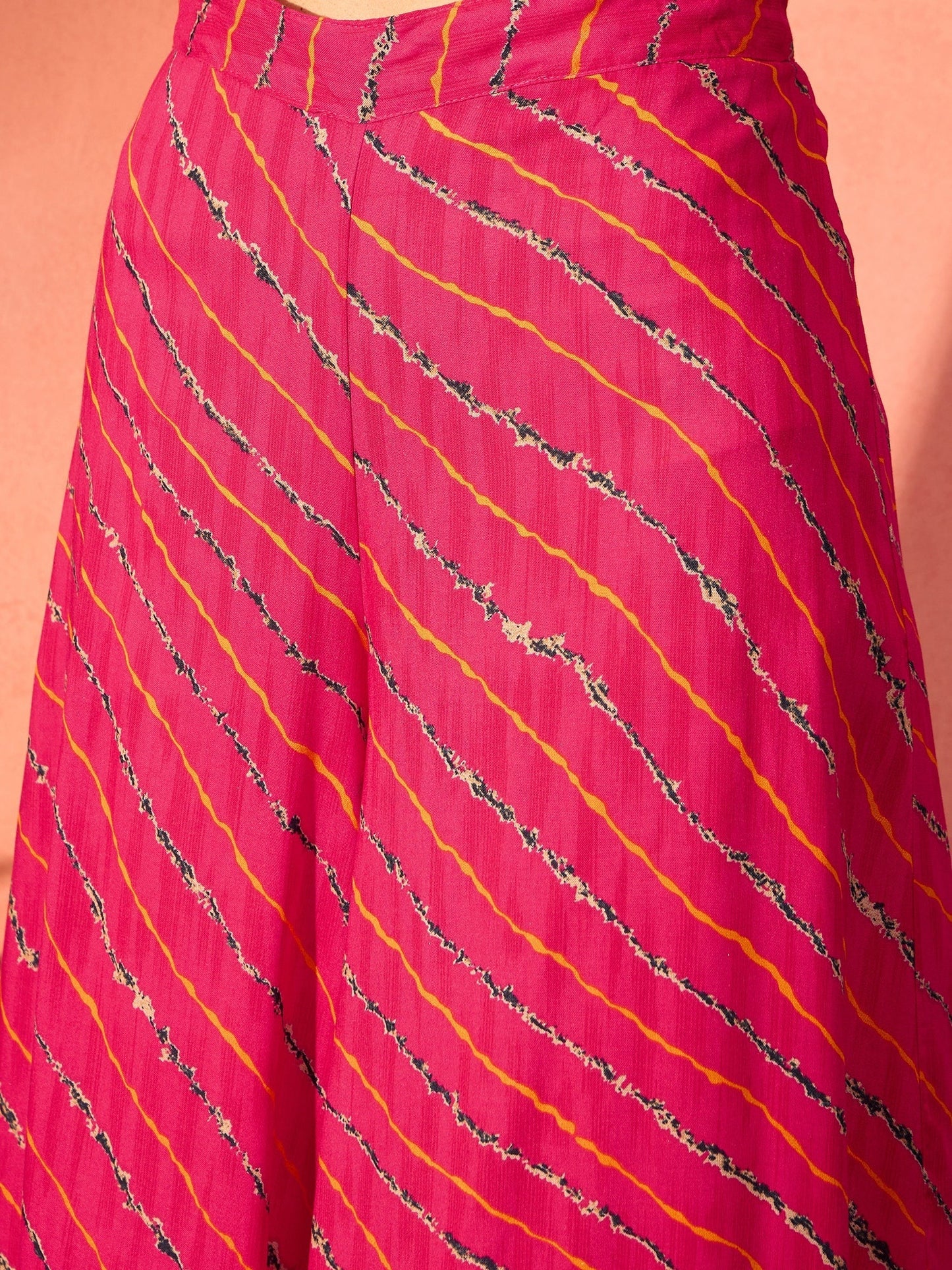 InWeave Fuchsia Multi Check Foil One Shoulder Leh Palazzo Set - Swadesiicart