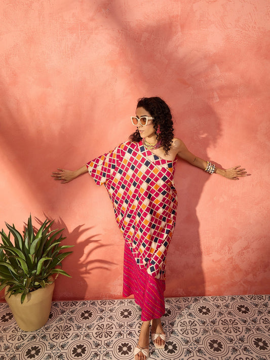 InWeave Fuchsia Multi Check Foil One Shoulder Leh Palazzo Set - Swadesiicart
