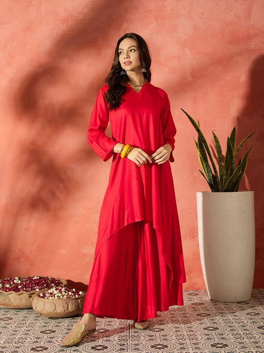 InWeave Red Mandarin Neck High Low Kurta Set - Swadesiicart