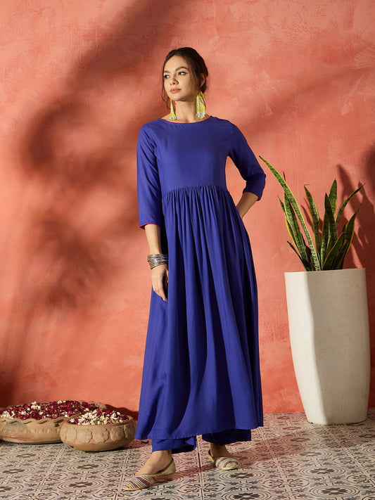 InWeave Ink Blue Long Anarkali Kurta Pant Set - Swadesiicart