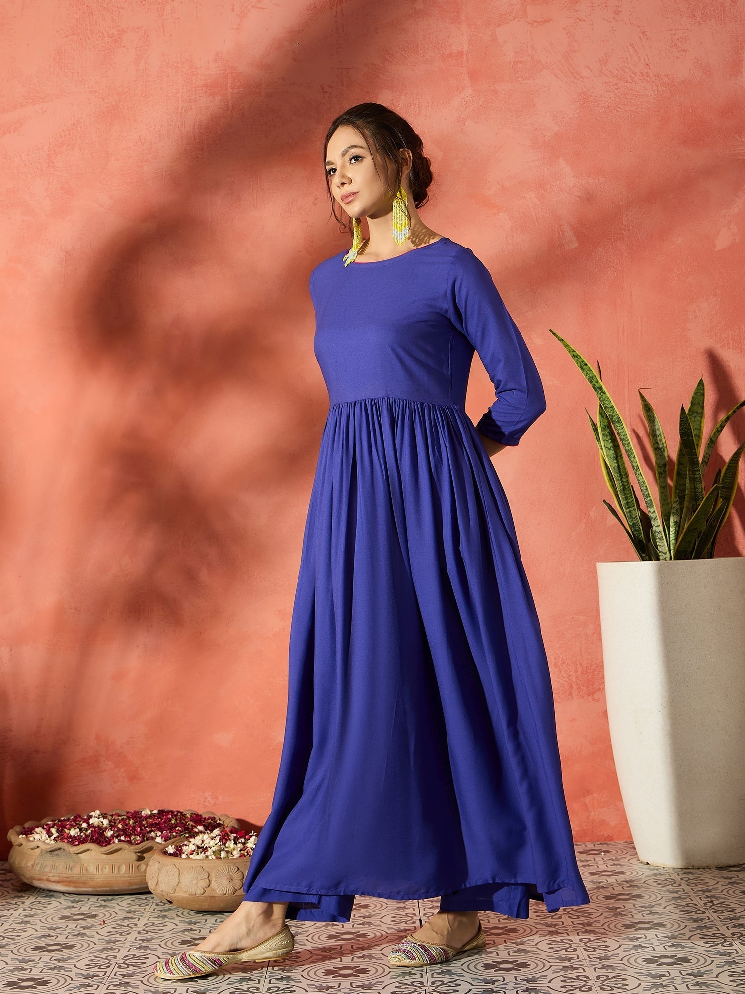 InWeave Ink Blue Long Anarkali Kurta Pant Set - Swadesiicart