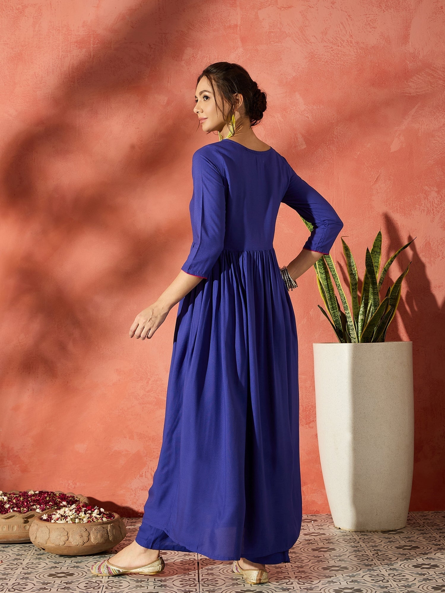 InWeave Ink Blue Long Anarkali Kurta Pant Set - Swadesiicart