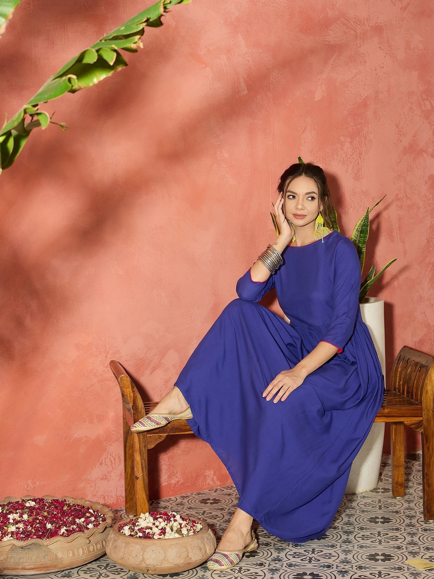 InWeave Ink Blue Long Anarkali Kurta Pant Set - Swadesiicart