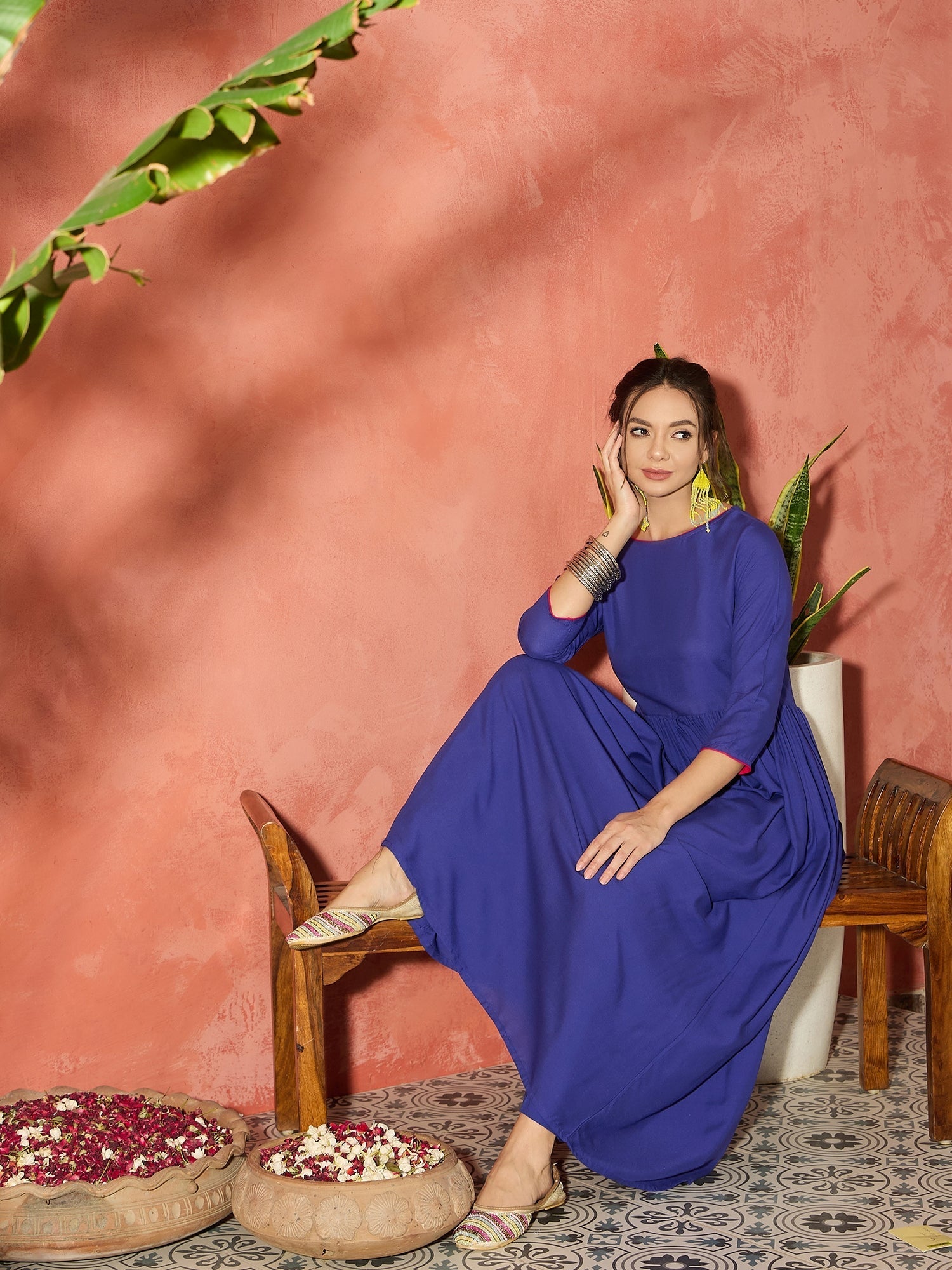 InWeave Ink Blue Long Anarkali Kurta Pant Set - Swadesiicart