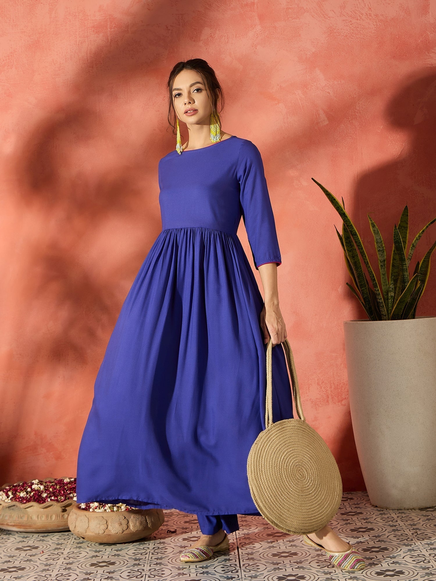 InWeave Ink Blue Long Anarkali Kurta Pant Set - Swadesiicart