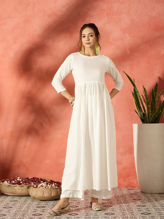 InWeave White Long Anarkali Kurta Pant Set - Swadesiicart