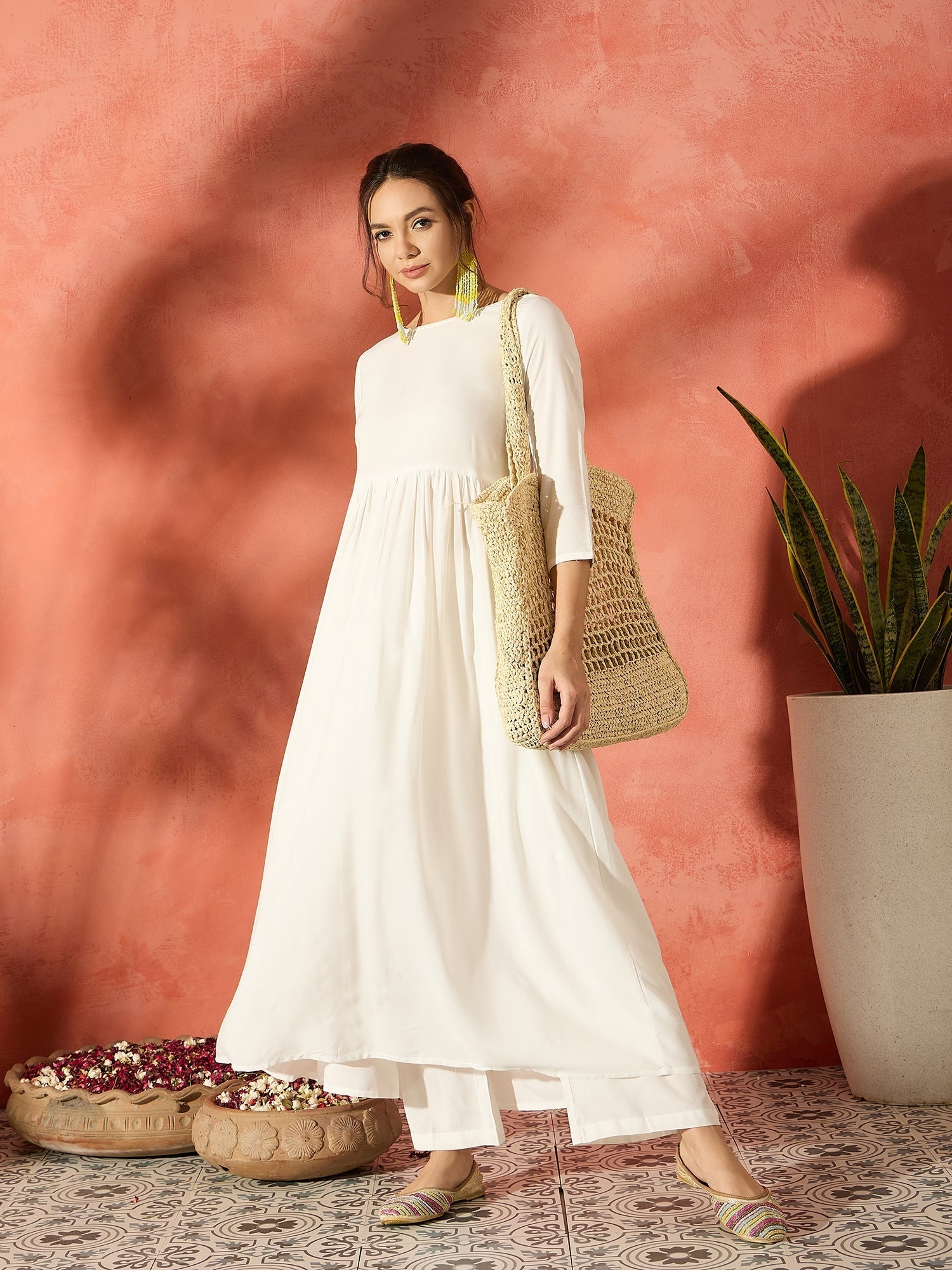 InWeave White Long Anarkali Kurta Pant Set - Swadesiicart