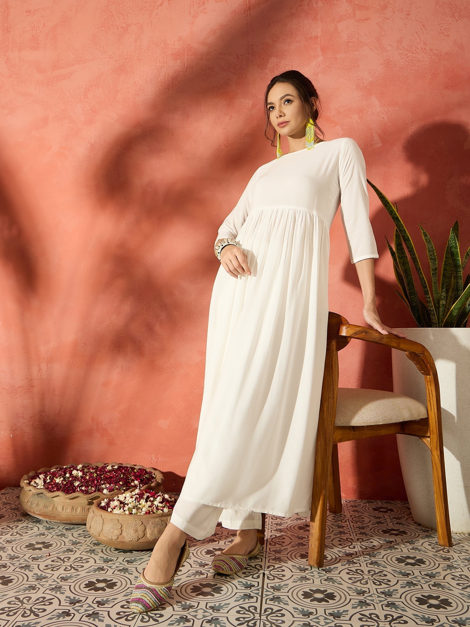 InWeave White Long Anarkali Kurta Pant Set - Swadesiicart