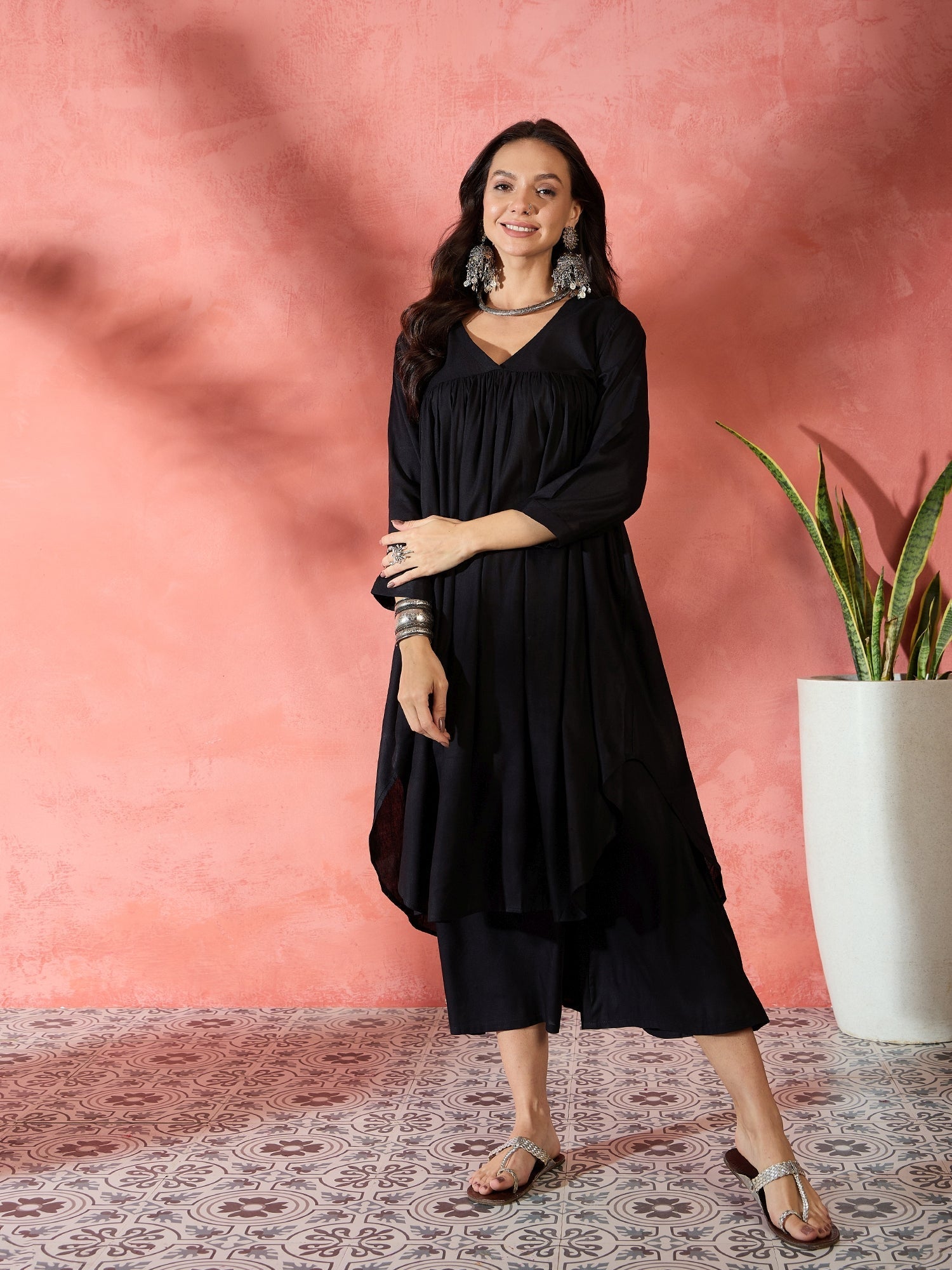 InWeave Black V-Neck Flared Kurta Short Palazzo Set - Swadesiicart