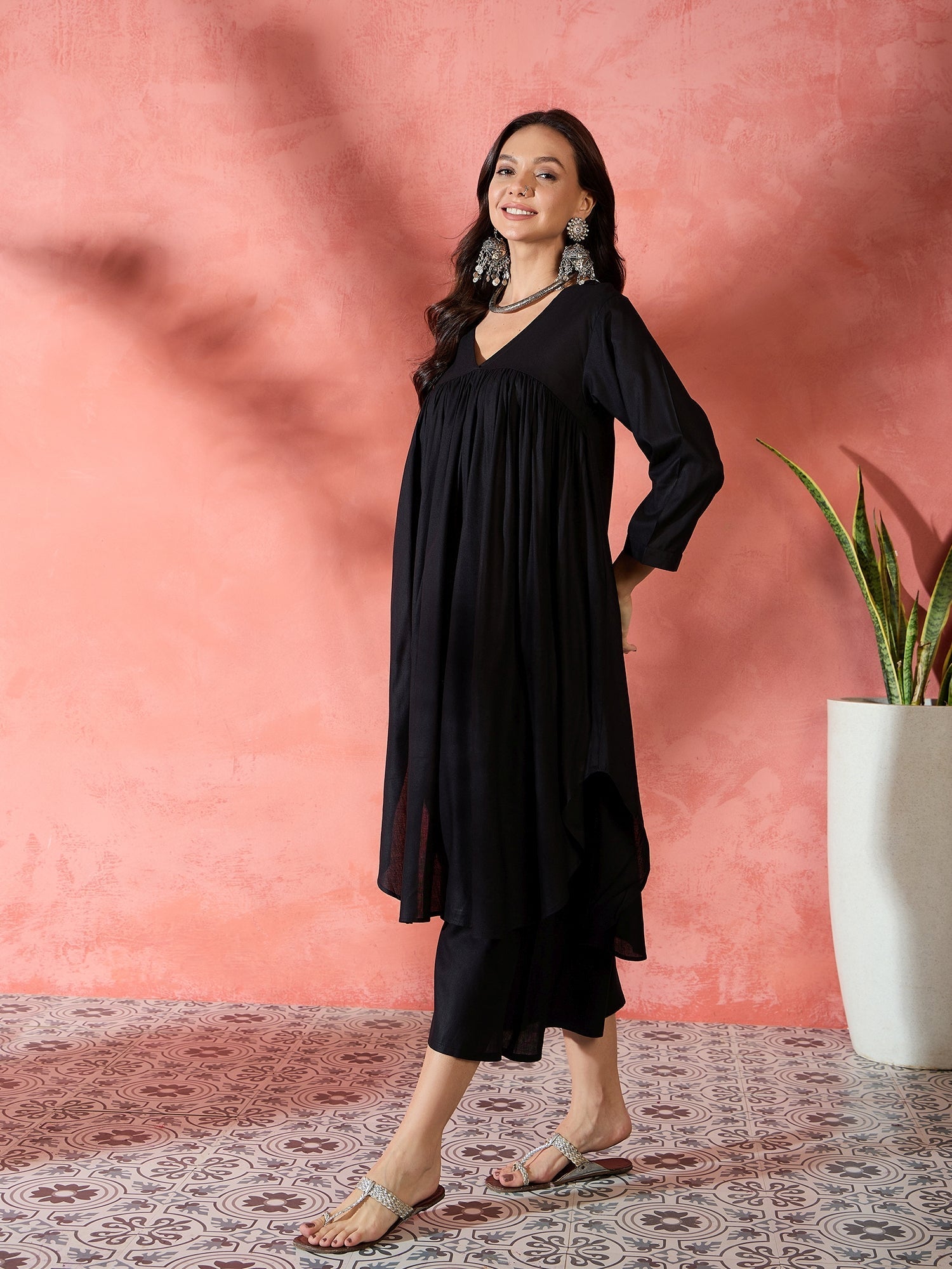 InWeave Black V-Neck Flared Kurta Short Palazzo Set - Swadesiicart