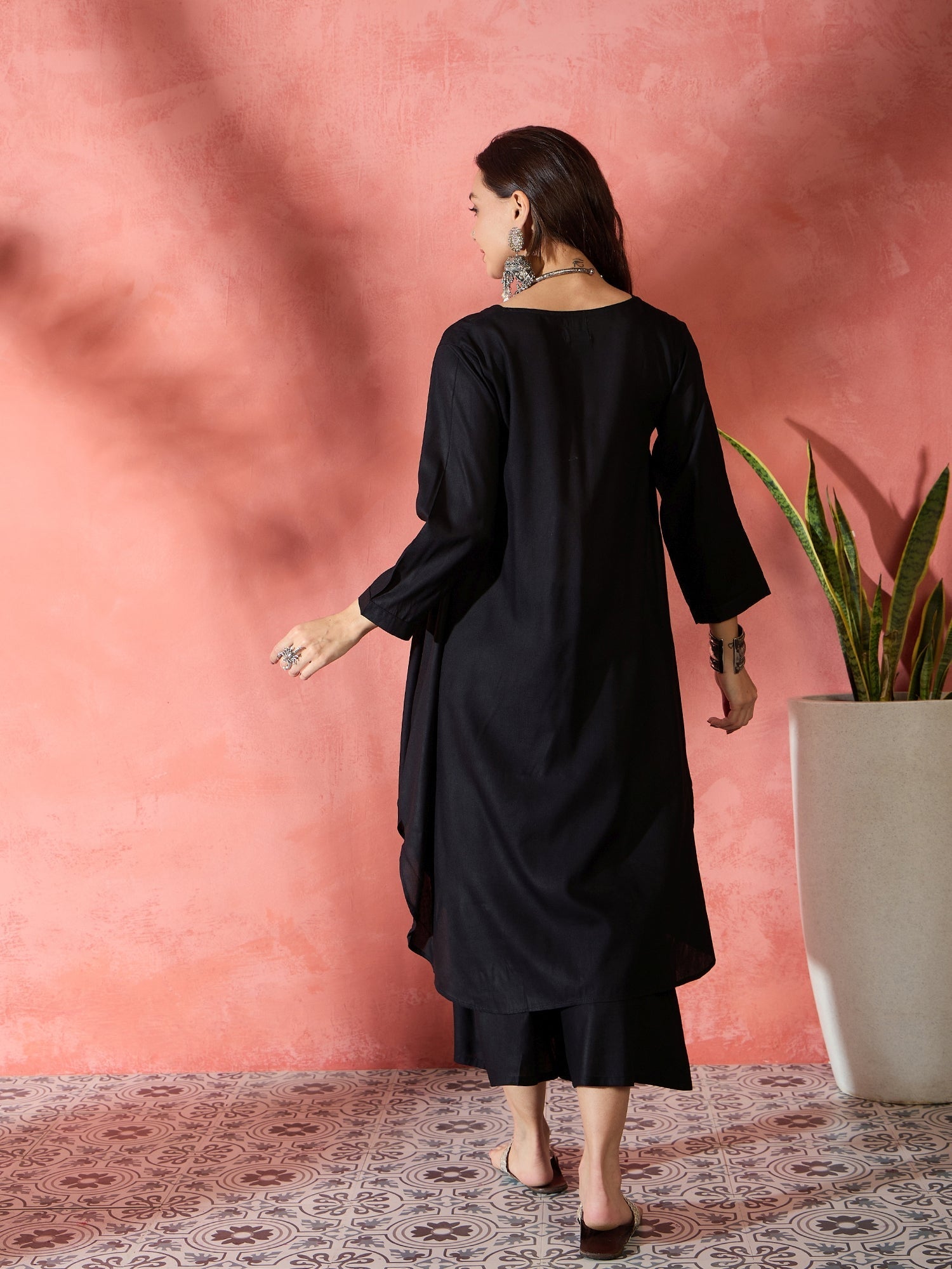 InWeave Black V-Neck Flared Kurta Short Palazzo Set - Swadesiicart
