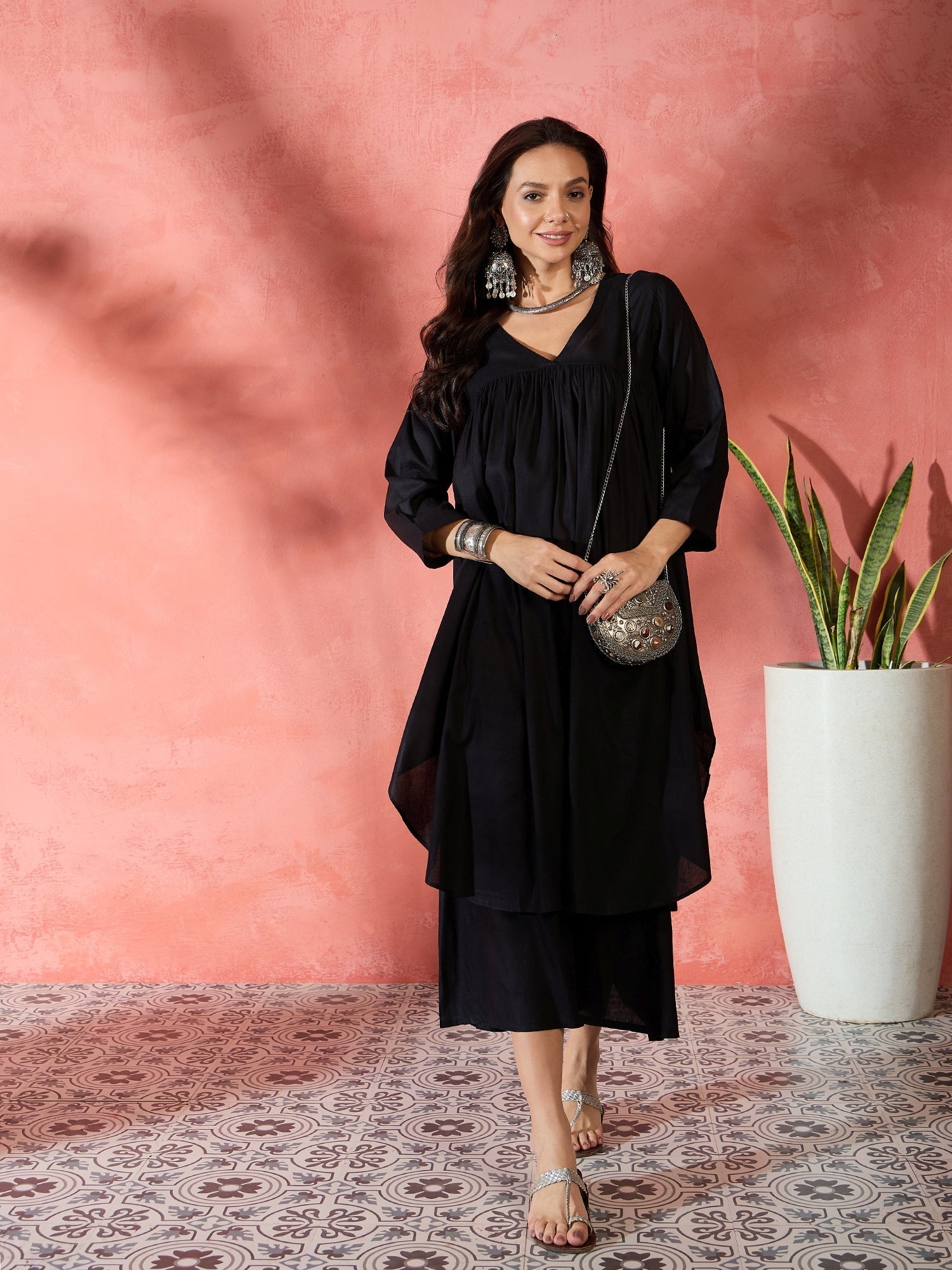 InWeave Black V-Neck Flared Kurta Short Palazzo Set - Swadesiicart