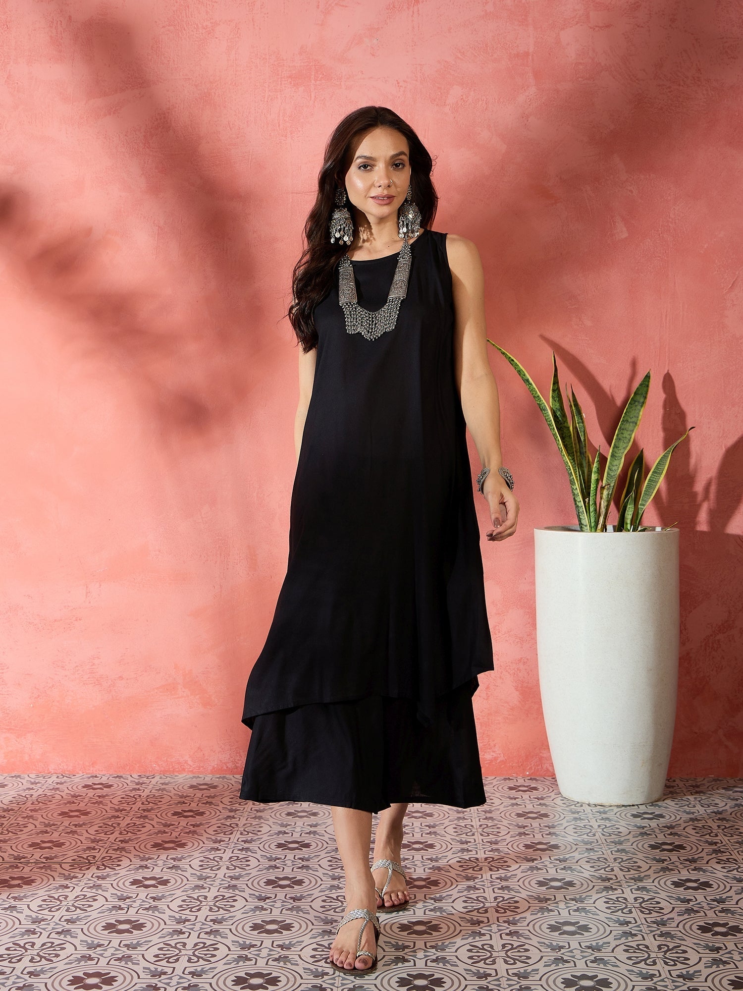 InWeave Black Kurta Short Palazzo Set - Swadesiicart
