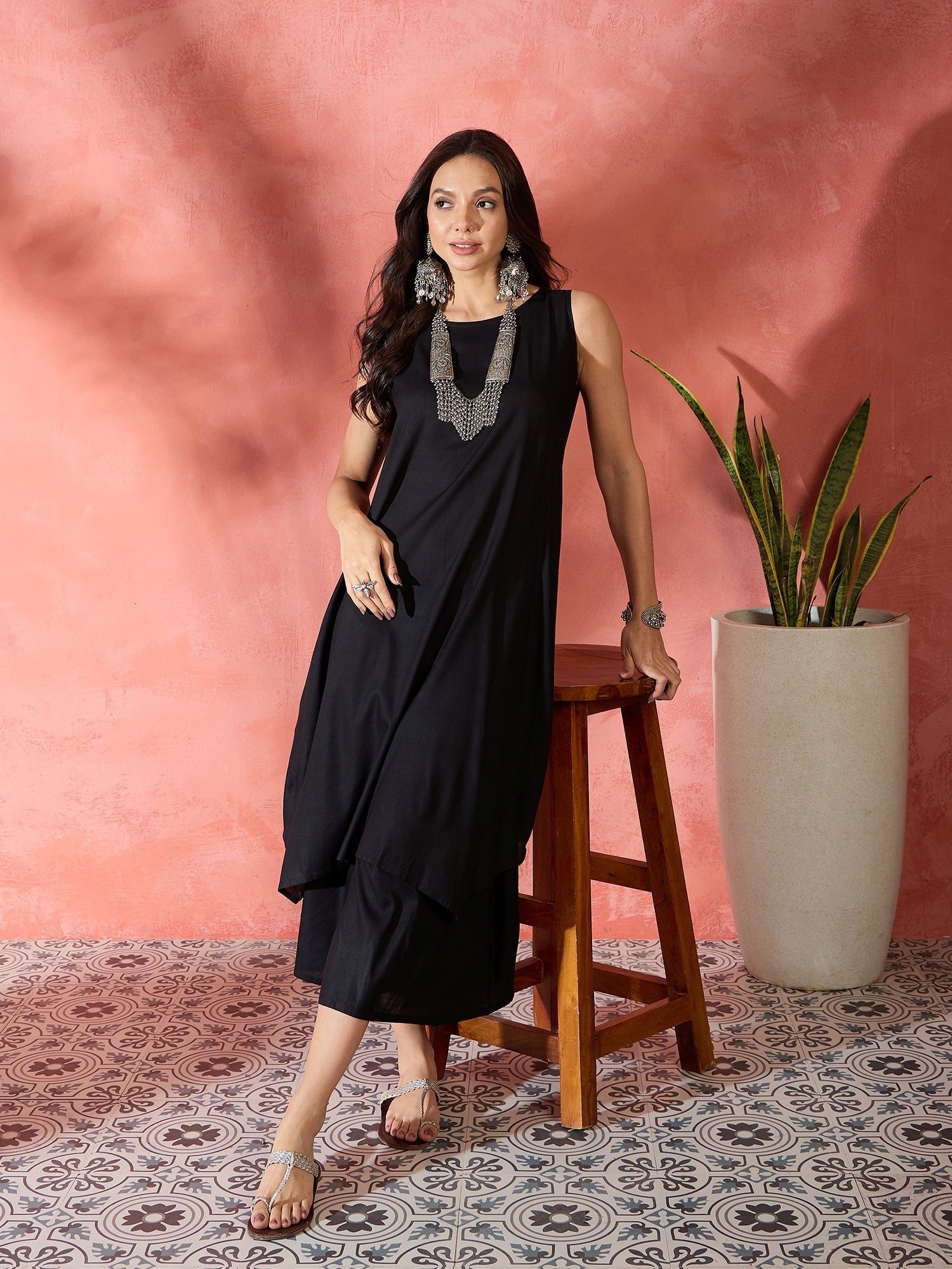 InWeave Black Kurta Short Palazzo Set - Swadesiicart