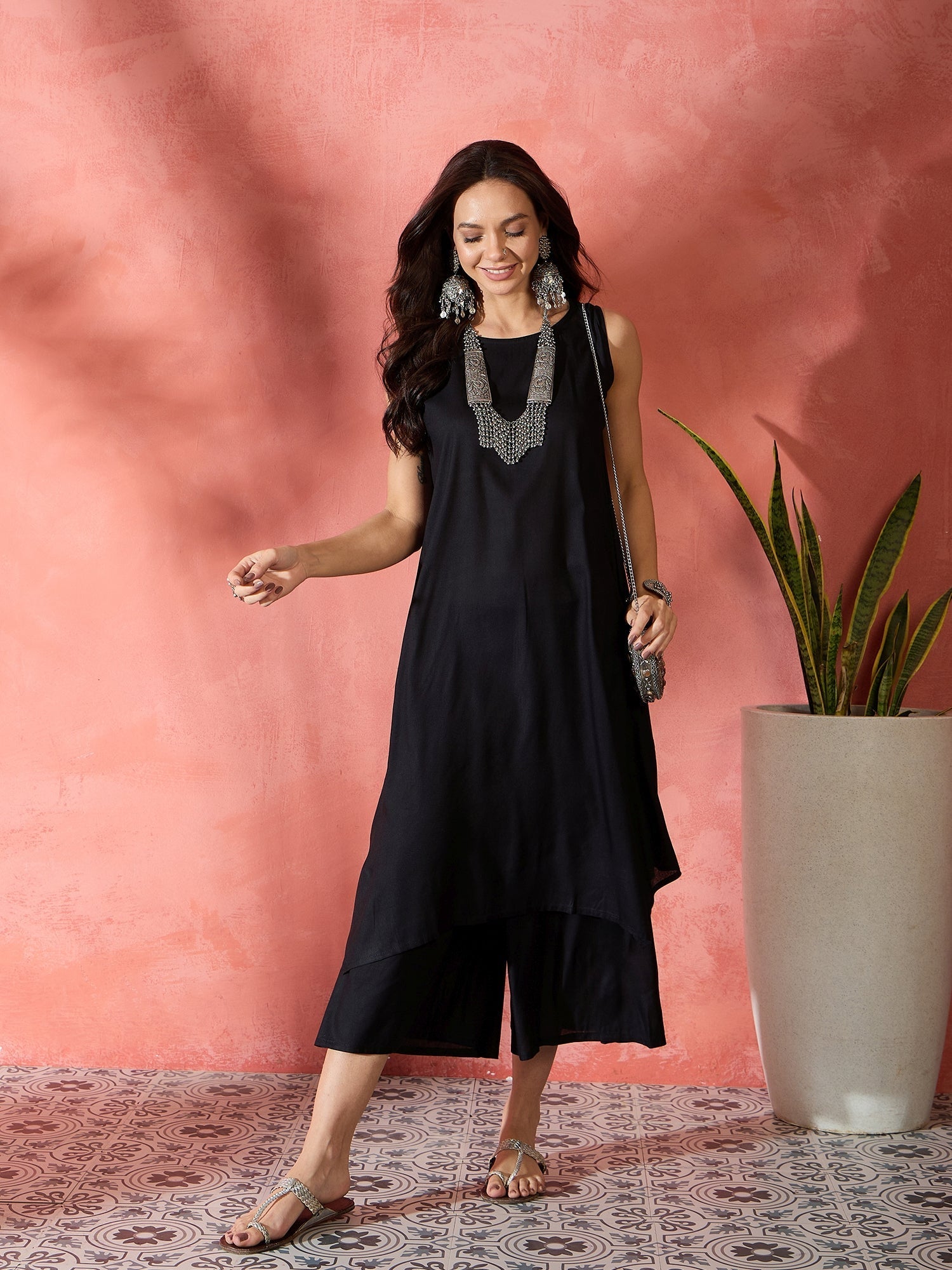 InWeave Black Kurta Short Palazzo Set - Swadesiicart