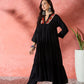 InWeave Black Solid Flared Lace Kurta Pant Set - Swadesiicart
