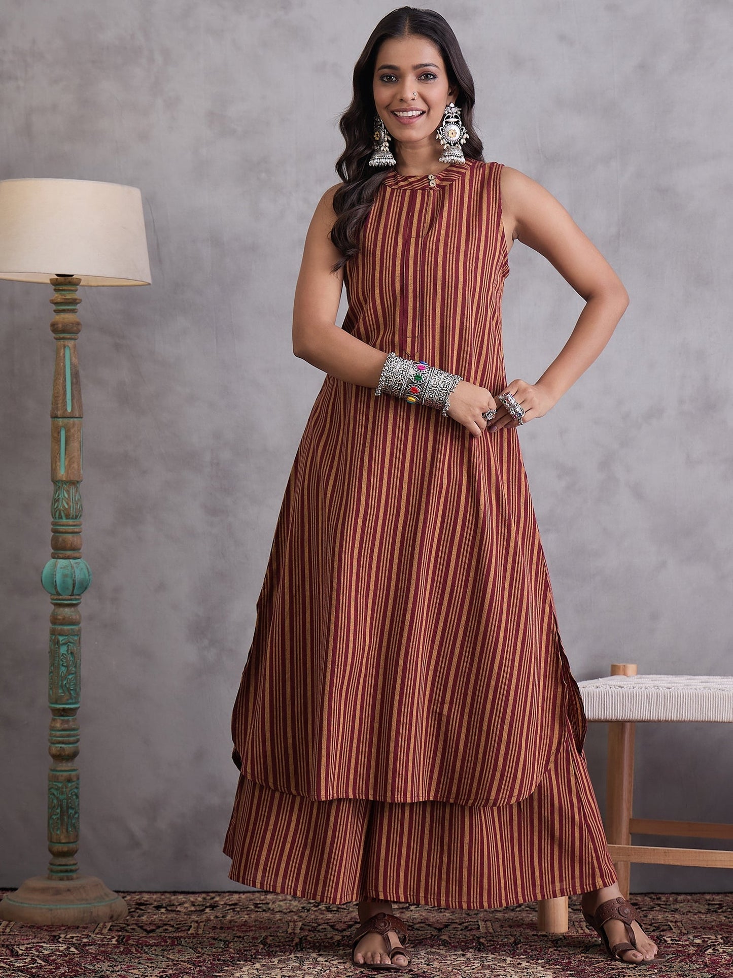 InWeave Maroon Orange Striped Kurta Set - Swadesiicart