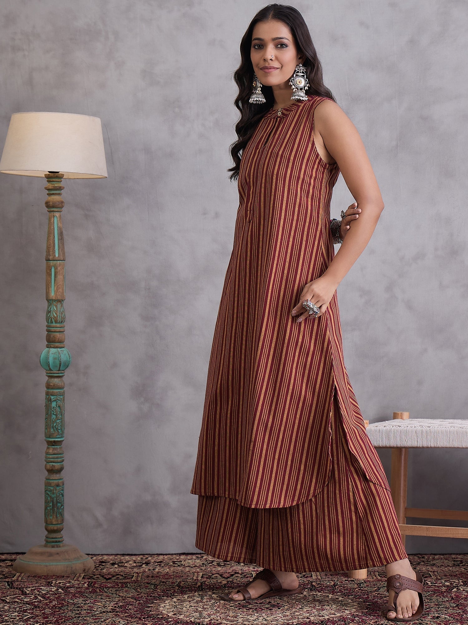 InWeave Maroon Orange Striped Kurta Set - Swadesiicart