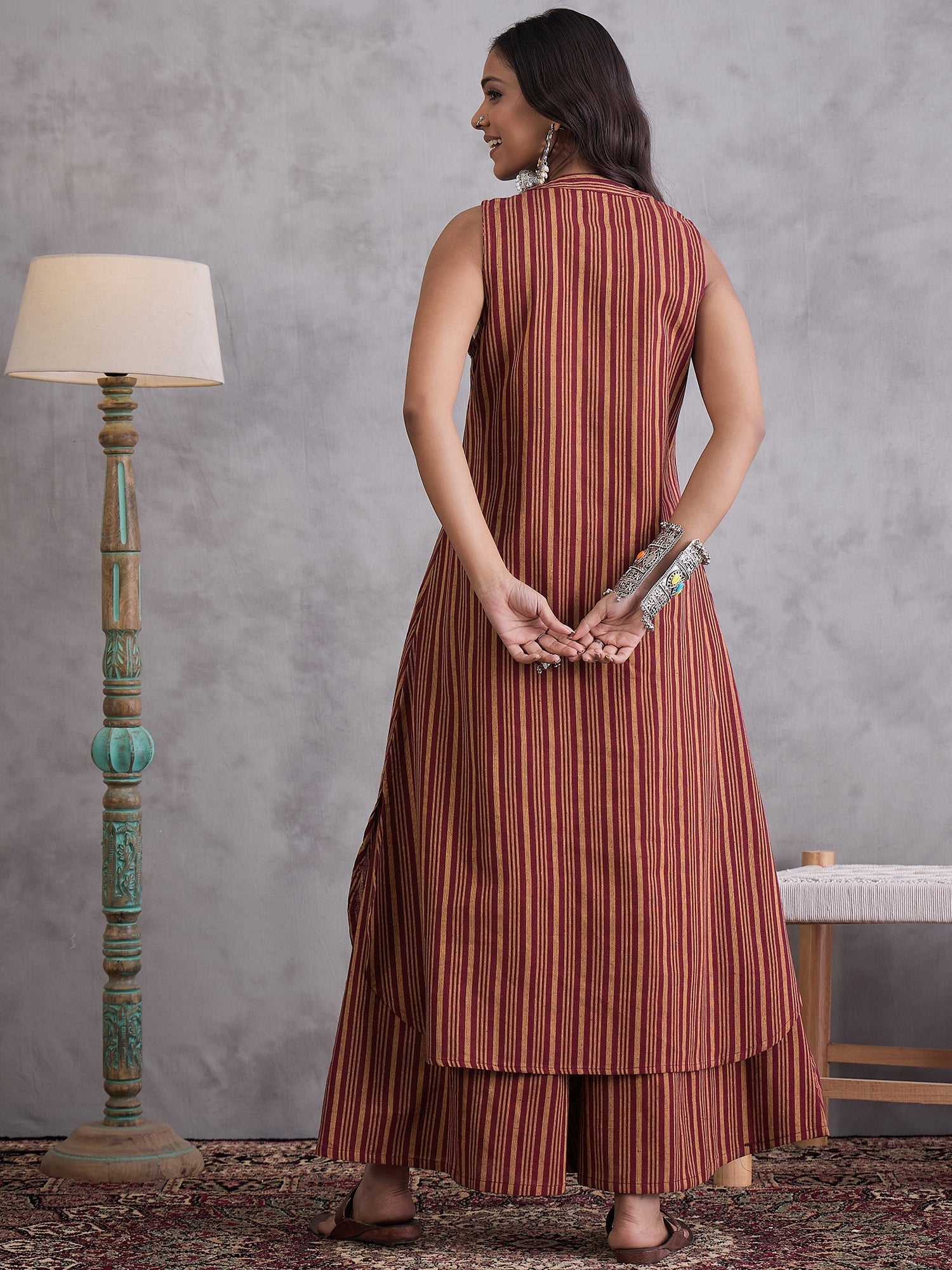 InWeave Maroon Orange Striped Kurta Set - Swadesiicart