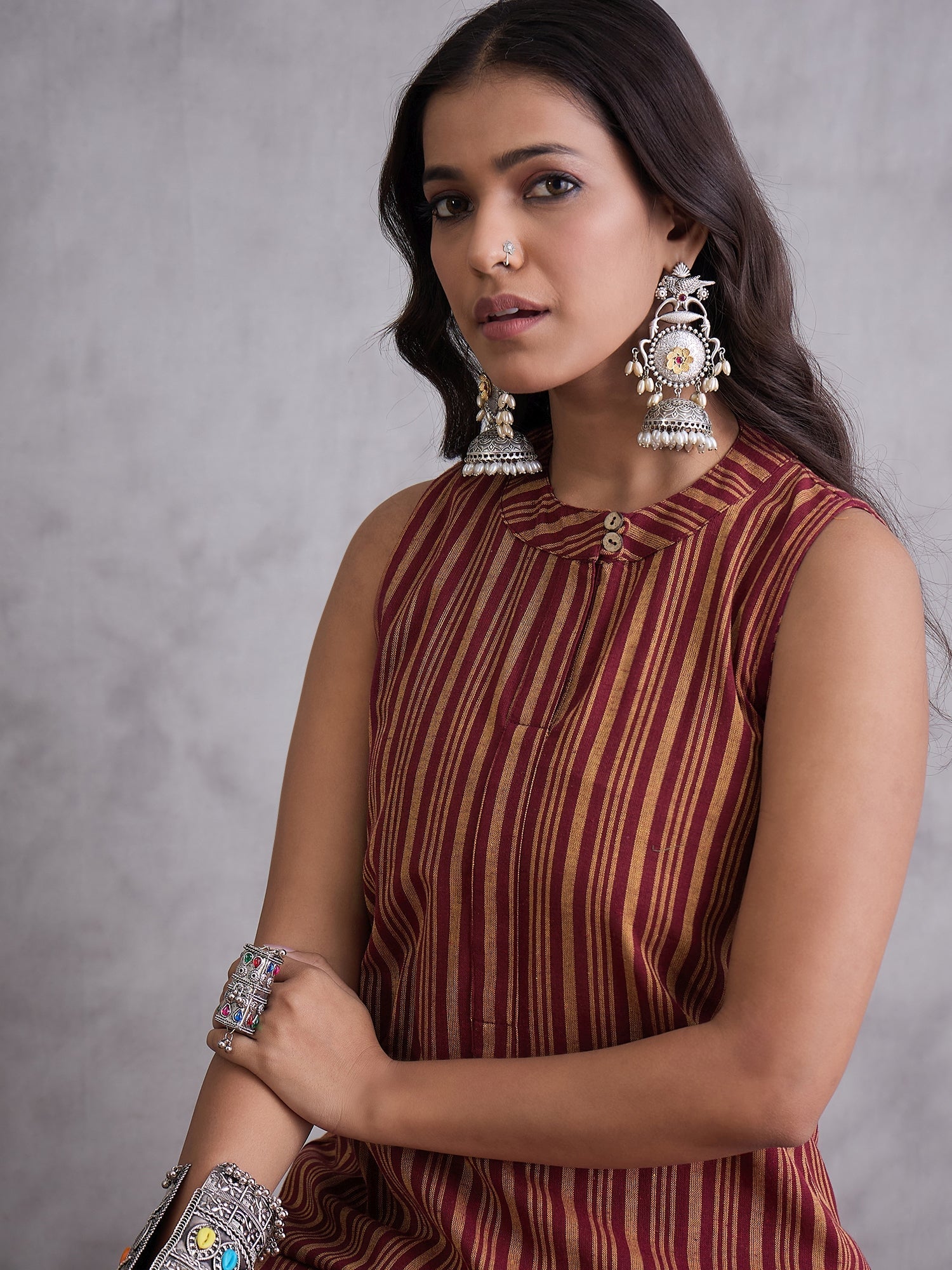InWeave Maroon Orange Striped Kurta Set - Swadesiicart