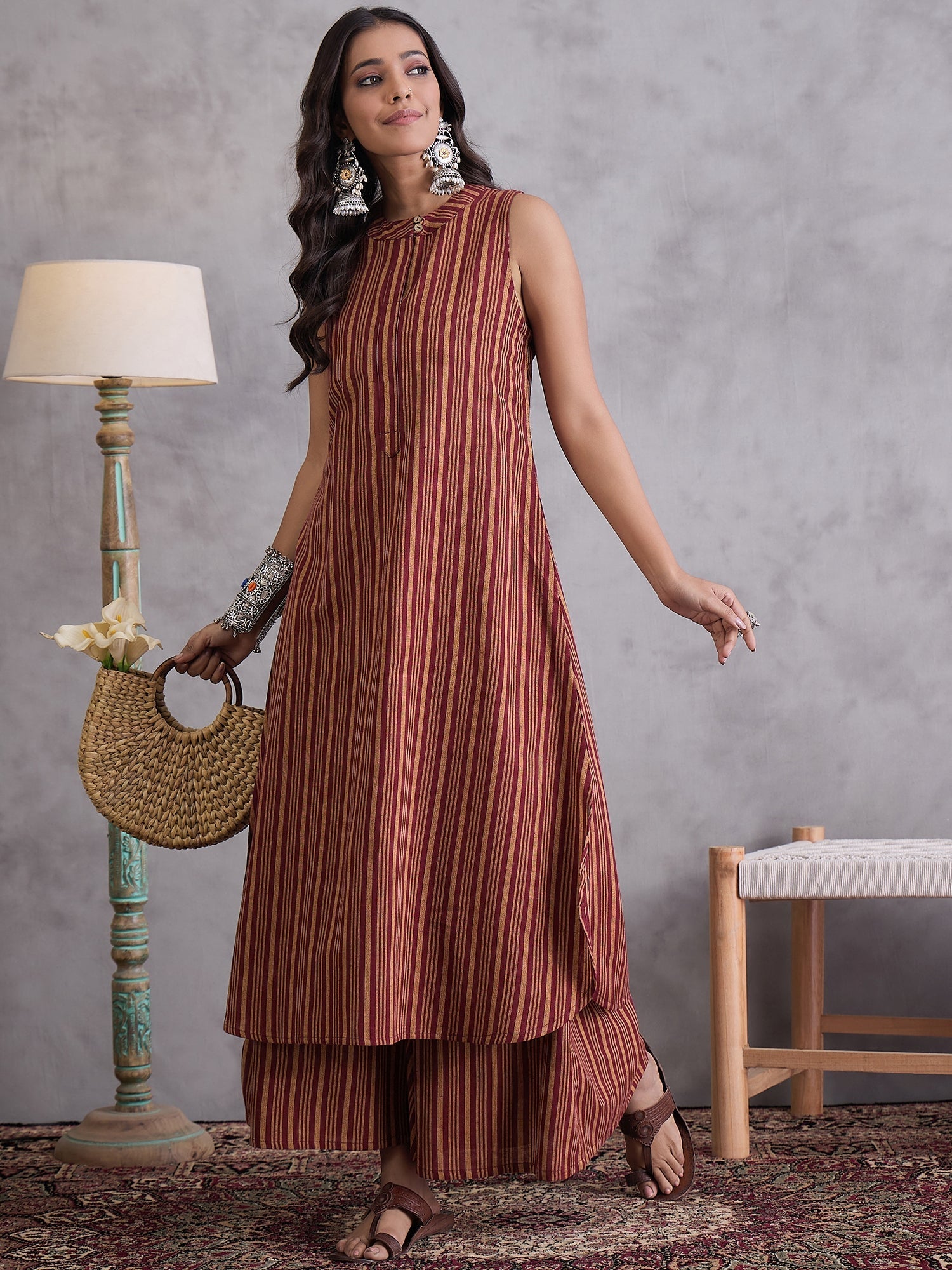 InWeave Maroon Orange Striped Kurta Set - Swadesiicart