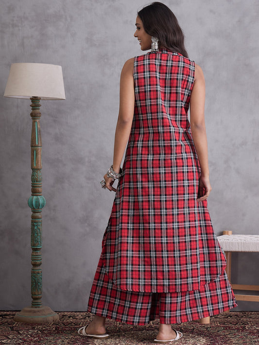 InWeave Red Black Check Kurta Set - Swadesiicart