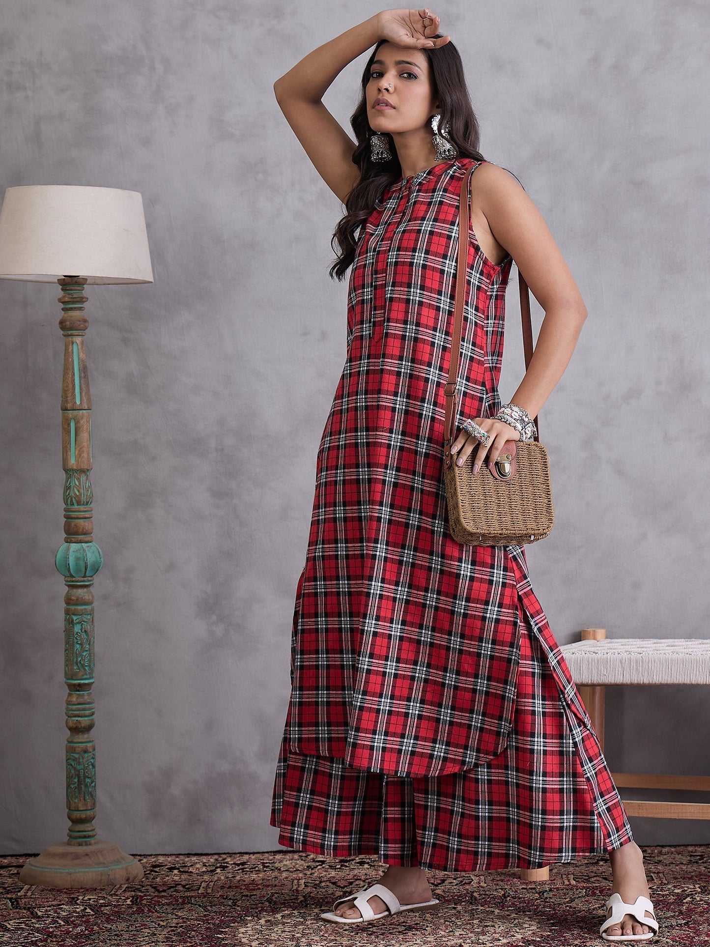 InWeave Red Black Check Kurta Set - Swadesiicart